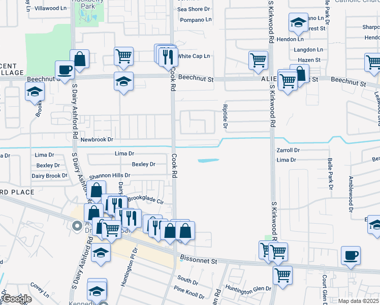 map of restaurants, bars, coffee shops, grocery stores, and more near 8619 Cook Rd in Houston
