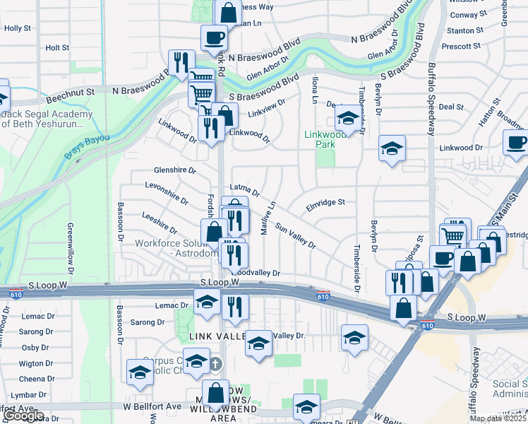 map of restaurants, bars, coffee shops, grocery stores, and more near 3722 Sun Valley Drive in Houston
