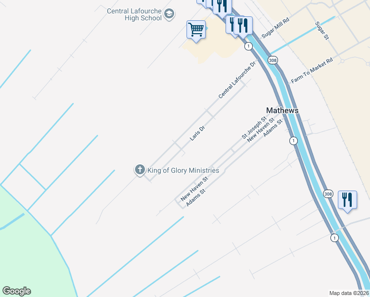 map of restaurants, bars, coffee shops, grocery stores, and more near 231 Laris Drive in Raceland