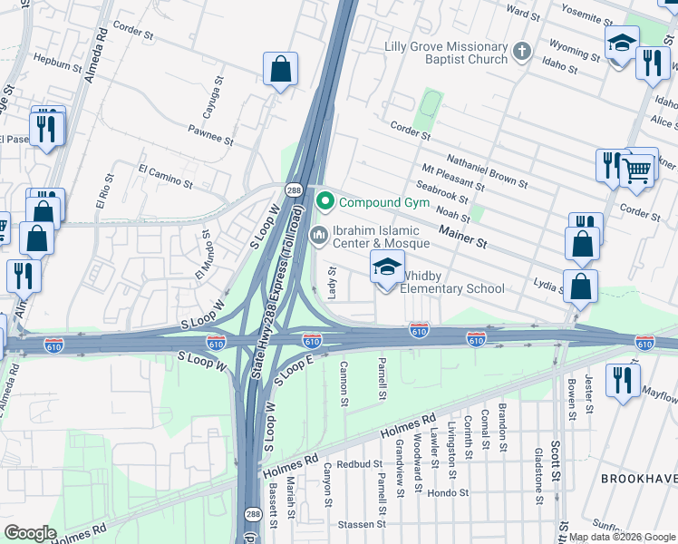 map of restaurants, bars, coffee shops, grocery stores, and more near 3422 Bacon Street in Houston
