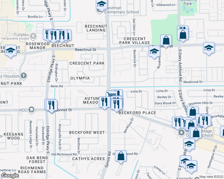 map of restaurants, bars, coffee shops, grocery stores, and more near 13142 Lima Drive in Houston