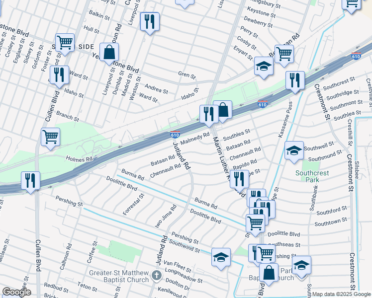 map of restaurants, bars, coffee shops, grocery stores, and more near 5113 Bataan Road in Houston