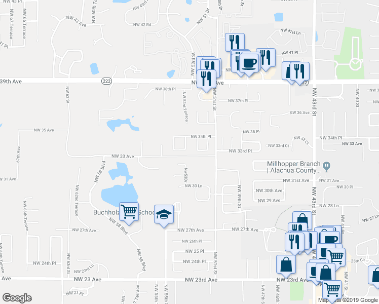 map of restaurants, bars, coffee shops, grocery stores, and more near 3303 Northwest 53 Terrace in Gainesville