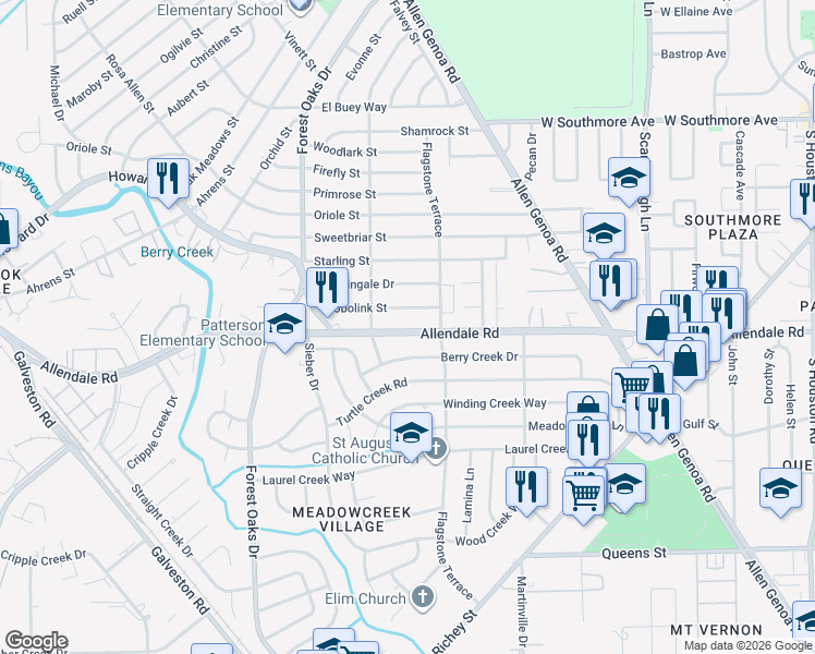 map of restaurants, bars, coffee shops, grocery stores, and more near 5523 Allendale Road in Houston