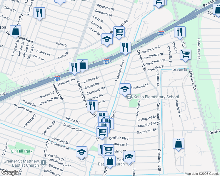 map of restaurants, bars, coffee shops, grocery stores, and more near 5522 Chennault Road in Houston