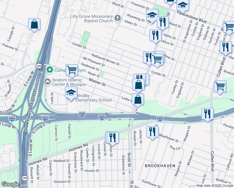 map of restaurants, bars, coffee shops, grocery stores, and more near 3737 Lydia Street in Houston