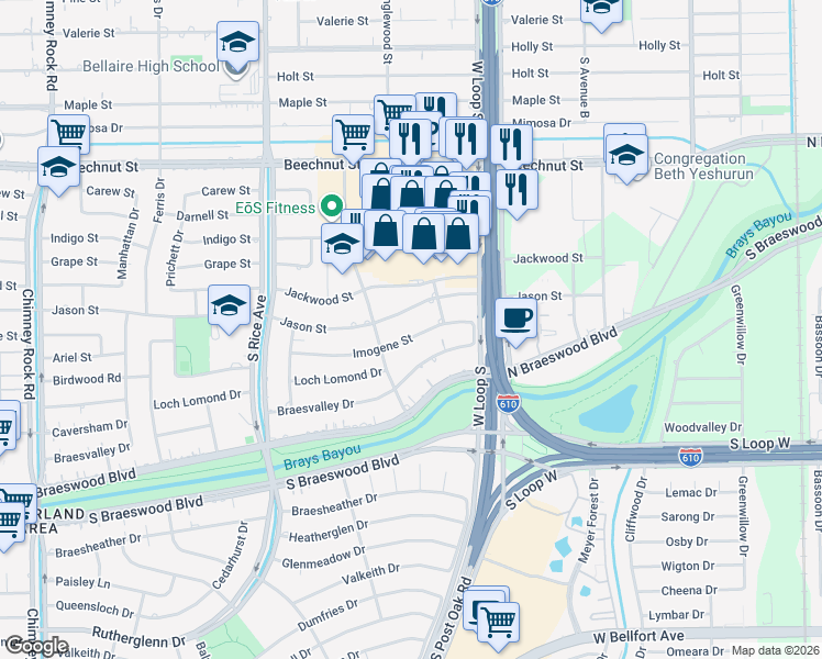 map of restaurants, bars, coffee shops, grocery stores, and more near 4810 Imogene Street in Houston