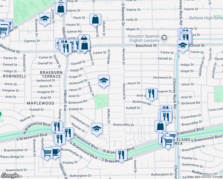 map of restaurants, bars, coffee shops, grocery stores, and more near 5519 Jason Street in Houston