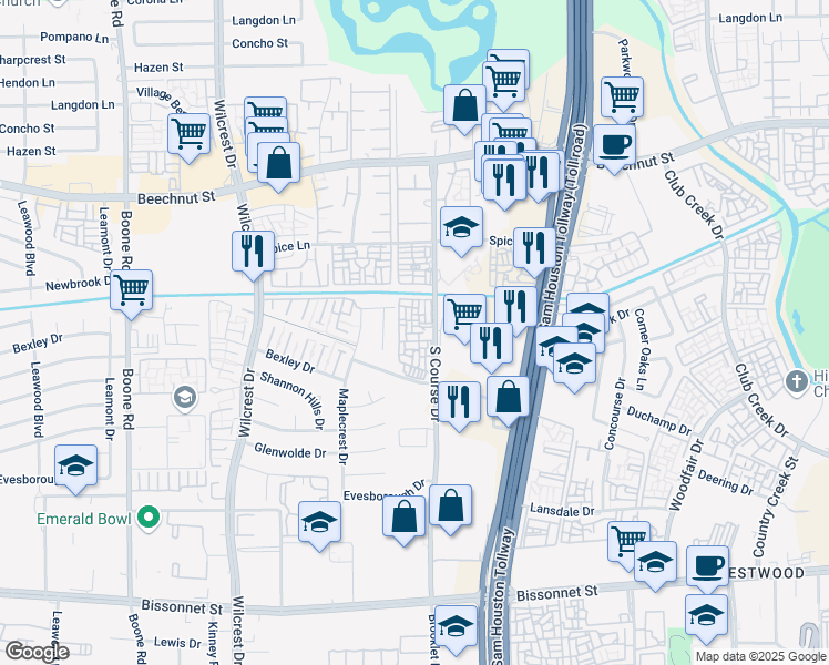 map of restaurants, bars, coffee shops, grocery stores, and more near 8600 South Course Drive in Houston