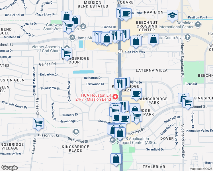 map of restaurants, bars, coffee shops, grocery stores, and more near 14711 Earlswood Drive in Houston