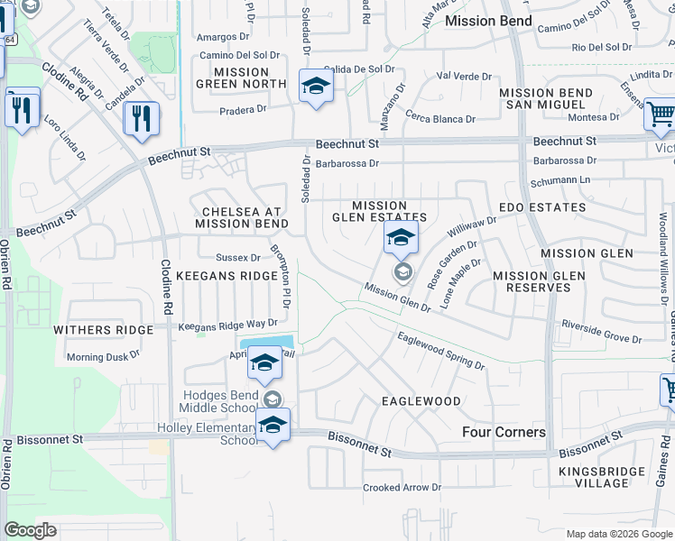 map of restaurants, bars, coffee shops, grocery stores, and more near 16202 Mission Glen Drive in Houston