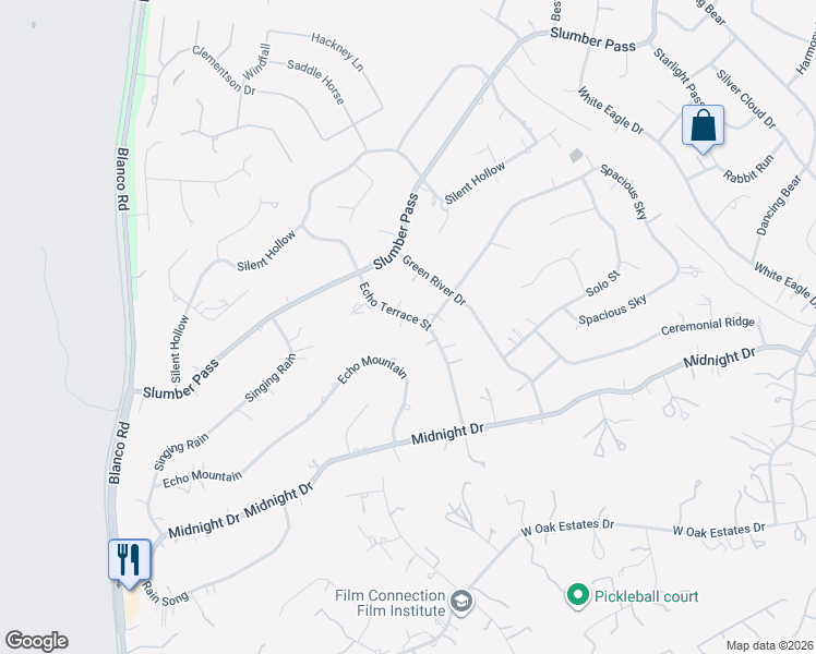map of restaurants, bars, coffee shops, grocery stores, and more near 25719 Echo Terrace Street in San Antonio