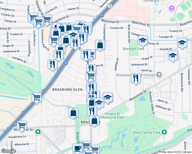map of restaurants, bars, coffee shops, grocery stores, and more near 8562 Ariel Street in Houston