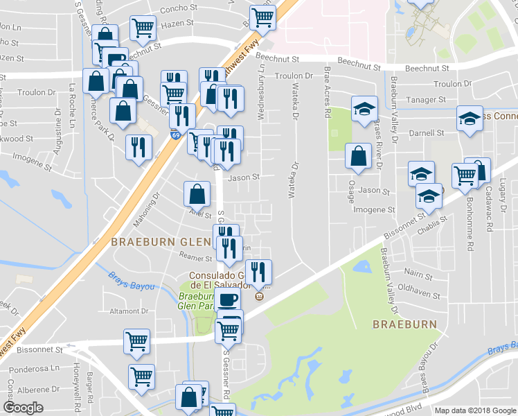 map of restaurants, bars, coffee shops, grocery stores, and more near 8490 Ariel Street in Houston