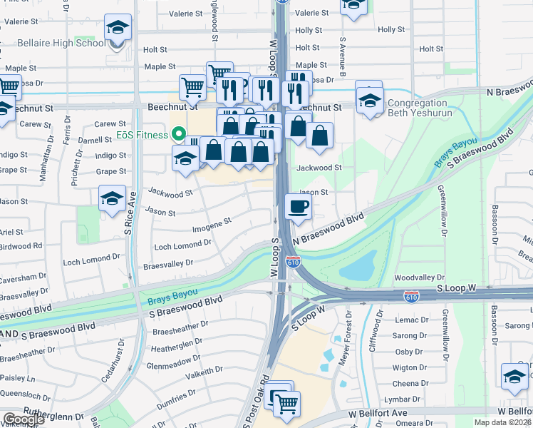 map of restaurants, bars, coffee shops, grocery stores, and more near 4707 Imogene Street in Houston