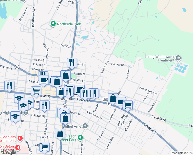 map of restaurants, bars, coffee shops, grocery stores, and more near 103 Spruce Avenue in Luling