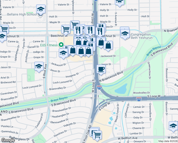 map of restaurants, bars, coffee shops, grocery stores, and more near 4707 Imogene Street in Houston