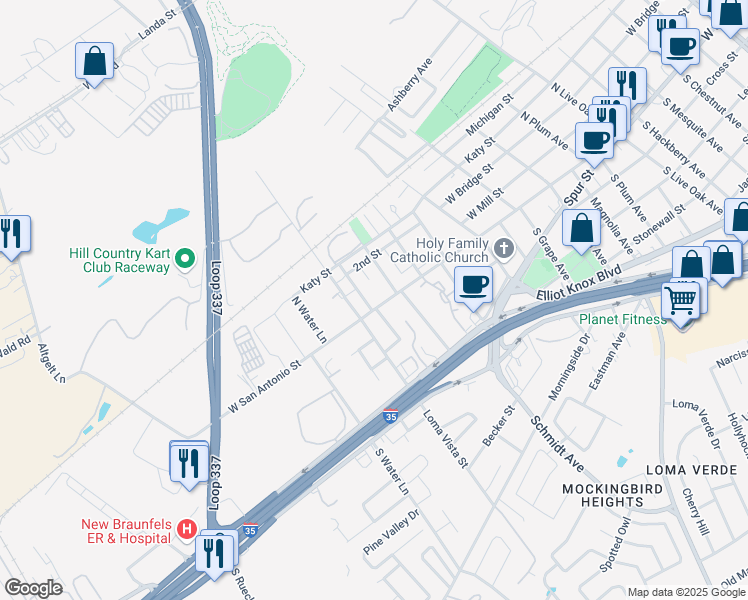 map of restaurants, bars, coffee shops, grocery stores, and more near 2684 West San Antonio Street in New Braunfels