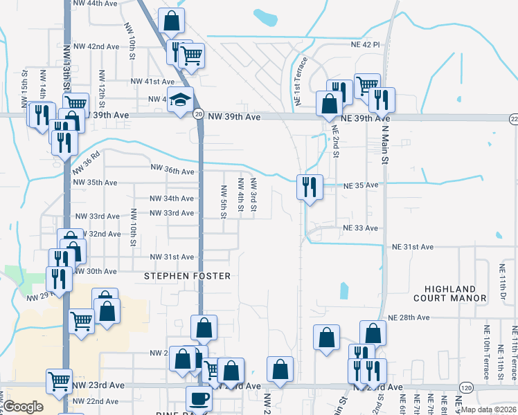 map of restaurants, bars, coffee shops, grocery stores, and more near 3319 Northwest 3rd Street in Gainesville