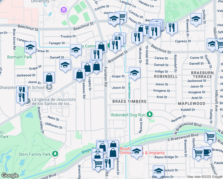map of restaurants, bars, coffee shops, grocery stores, and more near 6617 Jason Street in Houston