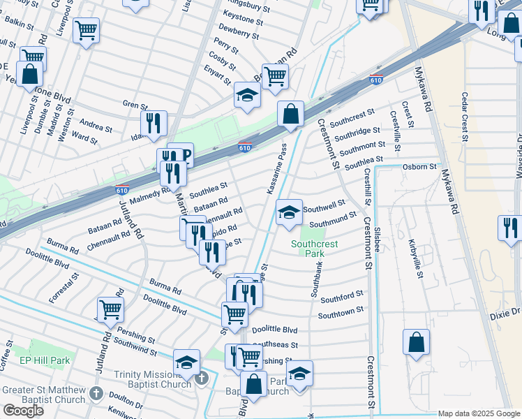 map of restaurants, bars, coffee shops, grocery stores, and more near 5522 Chennault Road in Houston