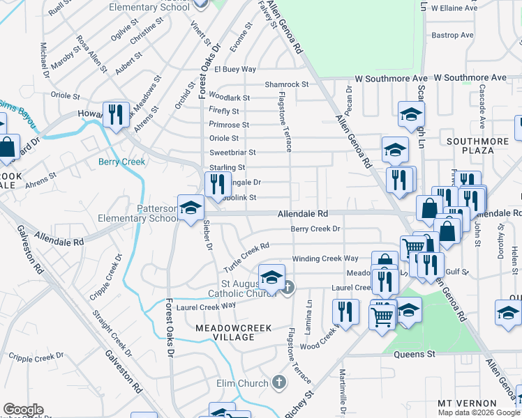 map of restaurants, bars, coffee shops, grocery stores, and more near 5523 Allendale Road in Houston