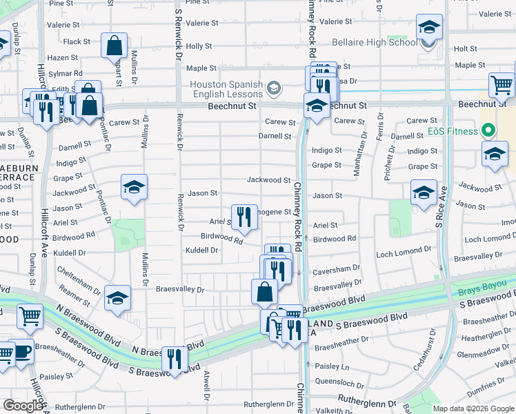 map of restaurants, bars, coffee shops, grocery stores, and more near 5402 Imogene Street in Houston