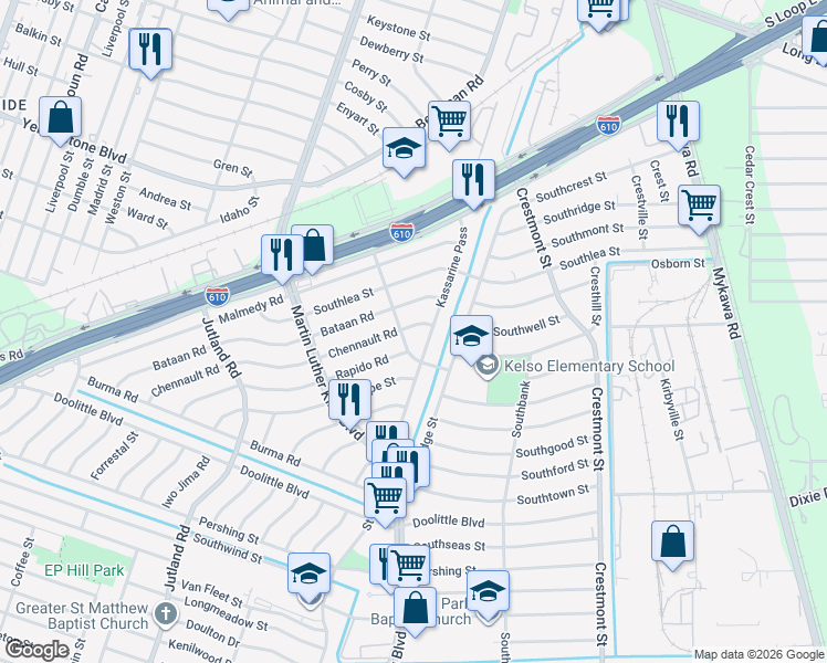 map of restaurants, bars, coffee shops, grocery stores, and more near 5522 Chennault Road in Houston
