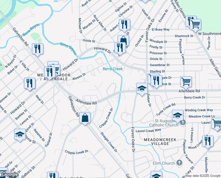 map of restaurants, bars, coffee shops, grocery stores, and more near 5226 Cripple Creek Court in Houston