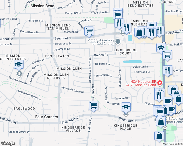 map of restaurants, bars, coffee shops, grocery stores, and more near 8507 Woodland Willows Drive in Houston