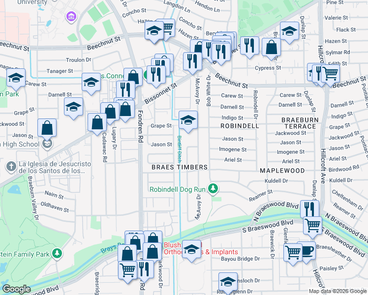 map of restaurants, bars, coffee shops, grocery stores, and more near 8802 Bintliff Drive in Houston