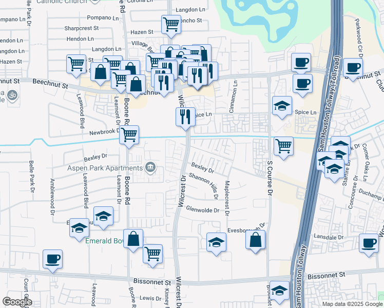 map of restaurants, bars, coffee shops, grocery stores, and more near 10832 Bexley Drive in Houston