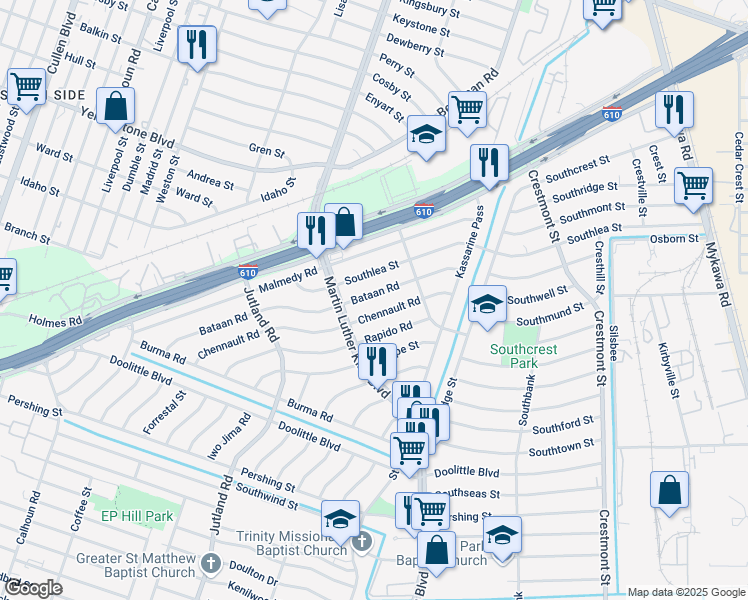 map of restaurants, bars, coffee shops, grocery stores, and more near 5330 Bataan Road in Houston
