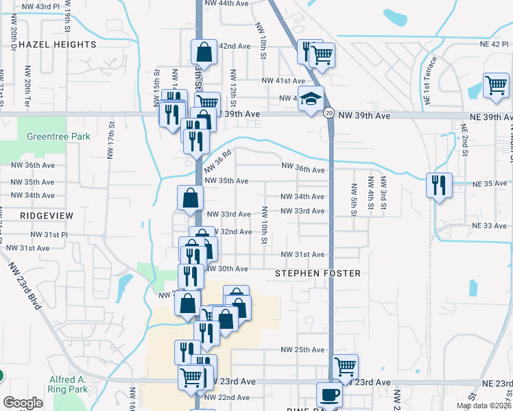 map of restaurants, bars, coffee shops, grocery stores, and more near 3315 Northwest 11th Street in Gainesville