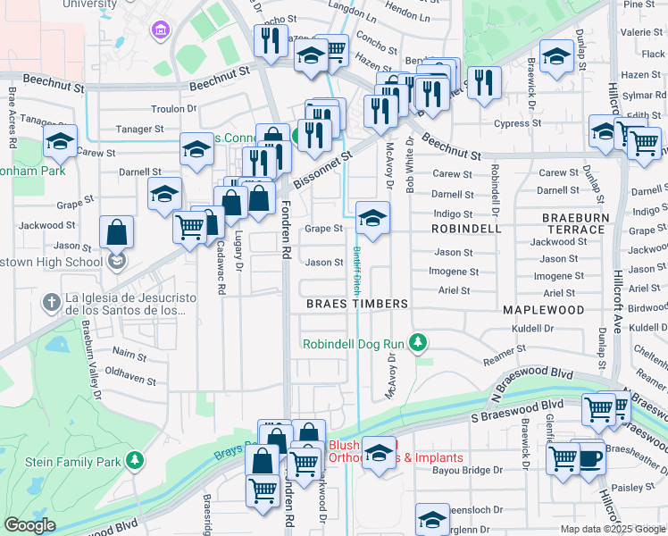 map of restaurants, bars, coffee shops, grocery stores, and more near 6517 Jason Street in Houston