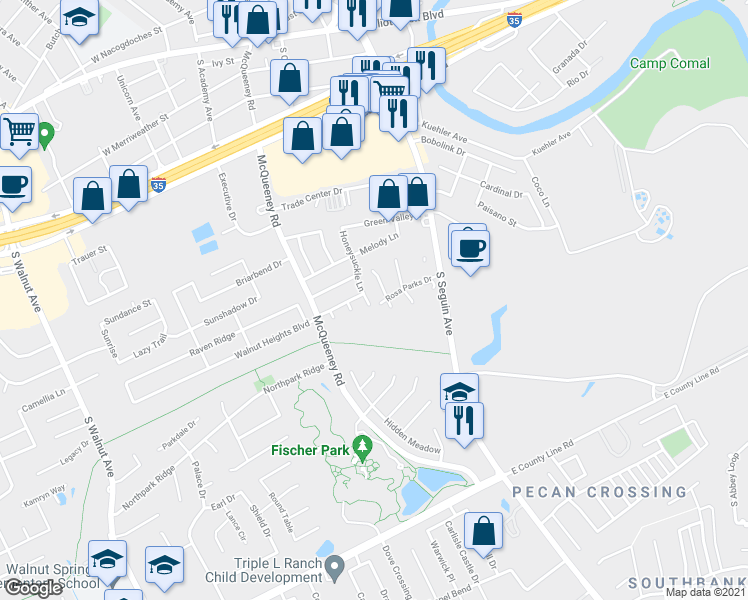 map of restaurants, bars, coffee shops, grocery stores, and more near 1661 Honeysuckle Lane in New Braunfels