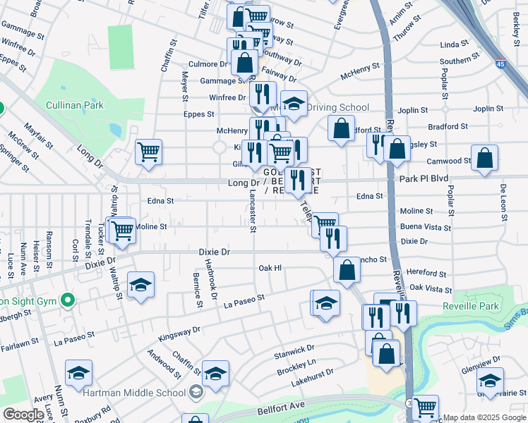 map of restaurants, bars, coffee shops, grocery stores, and more near 7310 Edna Street in Houston