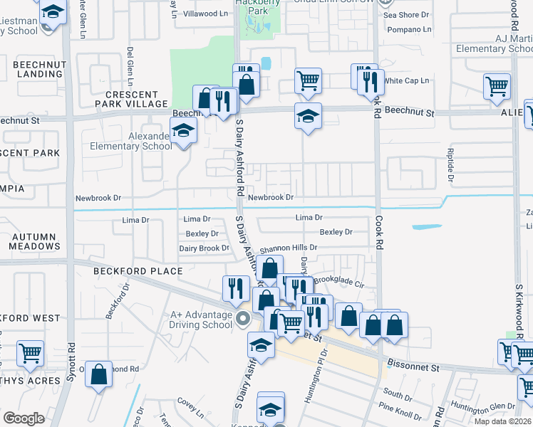 map of restaurants, bars, coffee shops, grocery stores, and more near 12614 Lima Drive in Houston