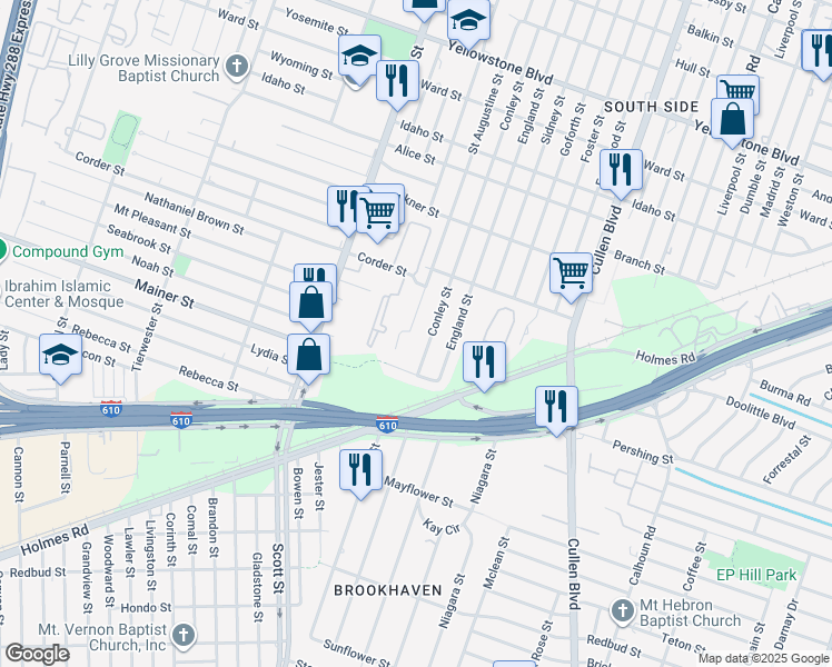 map of restaurants, bars, coffee shops, grocery stores, and more near 7315 Saint Augustine Street in Houston