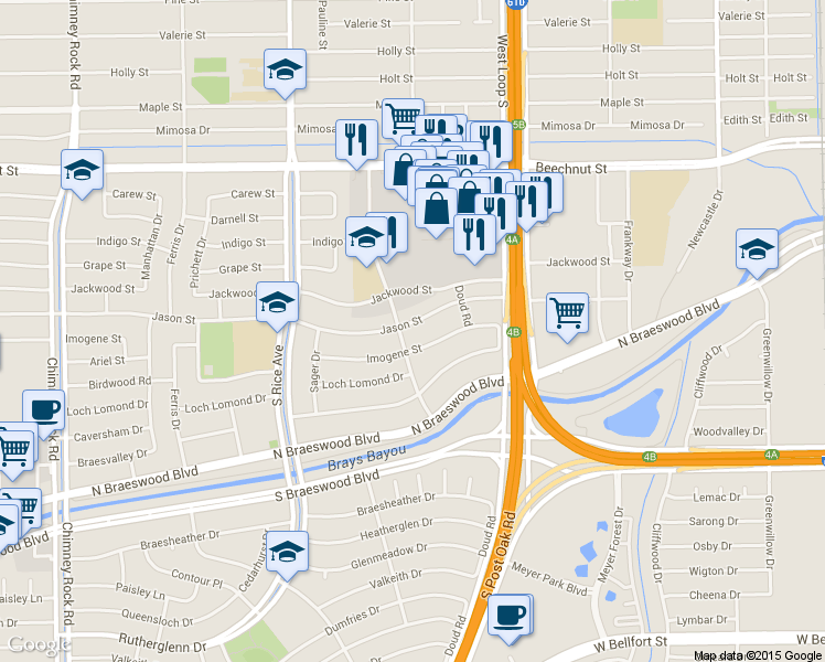 map of restaurants, bars, coffee shops, grocery stores, and more near 4835 Jason Street in Houston
