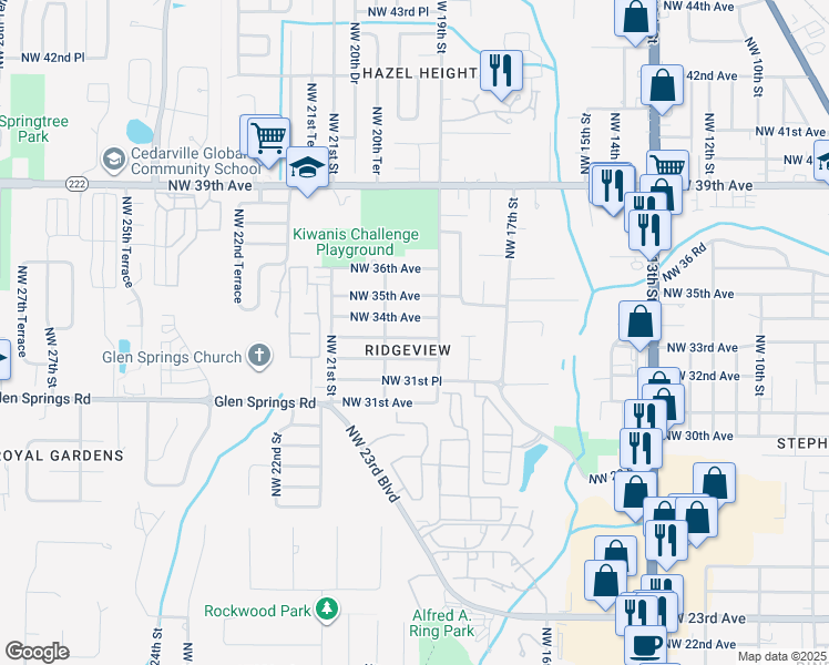 map of restaurants, bars, coffee shops, grocery stores, and more near 1928 Northwest 33 Avenue in Gainesville