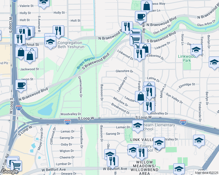 map of restaurants, bars, coffee shops, grocery stores, and more near 4122 Leeshire Drive in Houston
