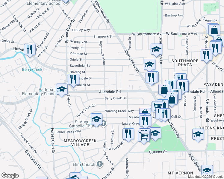 map of restaurants, bars, coffee shops, grocery stores, and more near 5623 Allendale Road in Houston