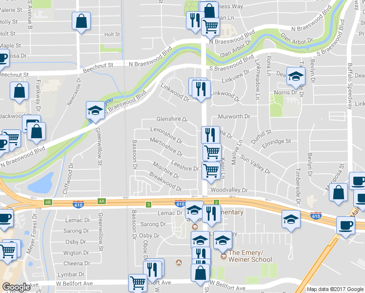 map of restaurants, bars, coffee shops, grocery stores, and more near 4023 Levonshire Drive in Houston