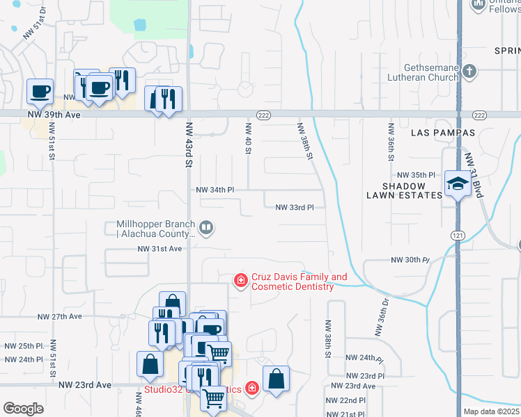 map of restaurants, bars, coffee shops, grocery stores, and more near 3322 Northwest 39th Terrace in Gainesville