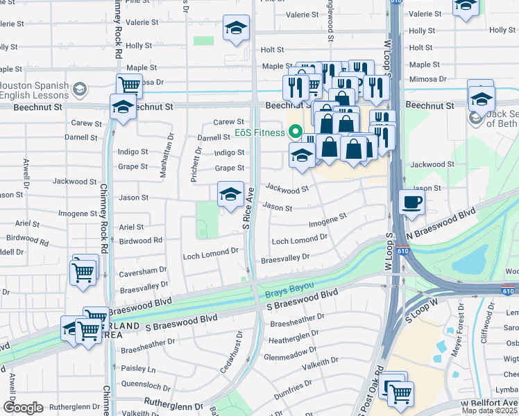 map of restaurants, bars, coffee shops, grocery stores, and more near 5029 Jason Street in Houston
