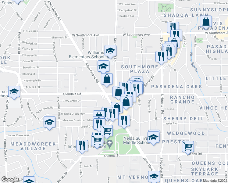 map of restaurants, bars, coffee shops, grocery stores, and more near 1901 Allen Genoa Road in Pasadena