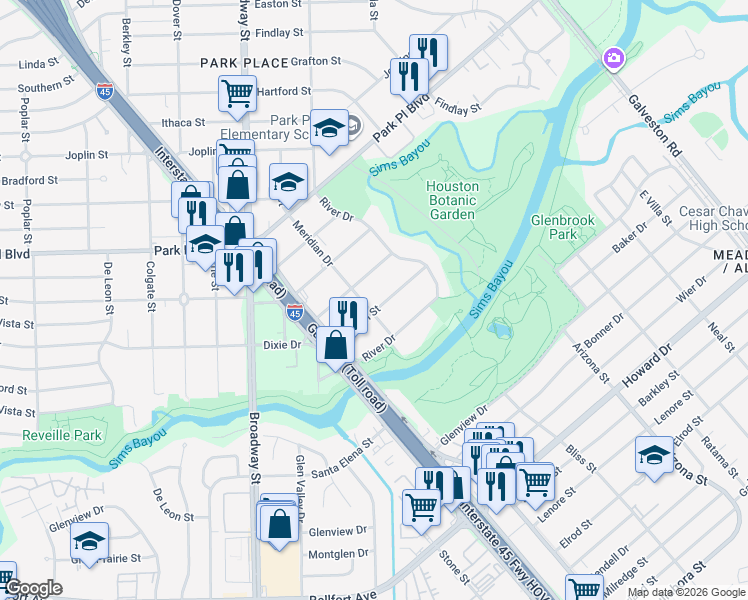 map of restaurants, bars, coffee shops, grocery stores, and more near 4022 Meridian Drive in Houston