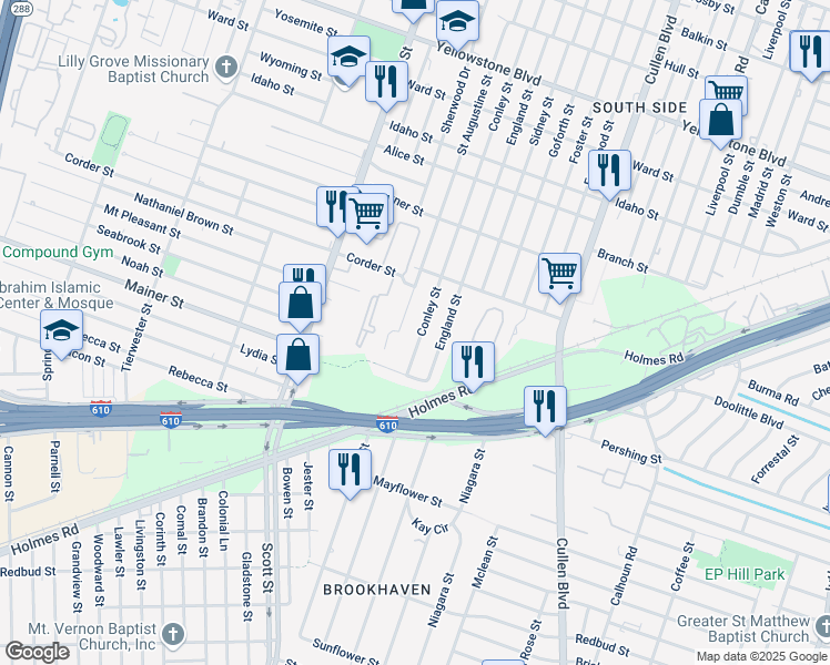 map of restaurants, bars, coffee shops, grocery stores, and more near 7309 Conley Street in Houston