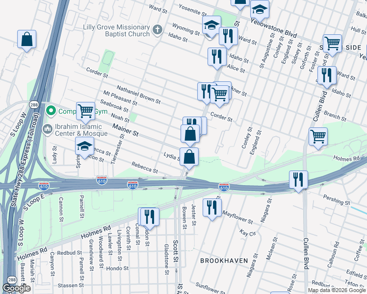 map of restaurants, bars, coffee shops, grocery stores, and more near 3825 Mainer Street in Houston